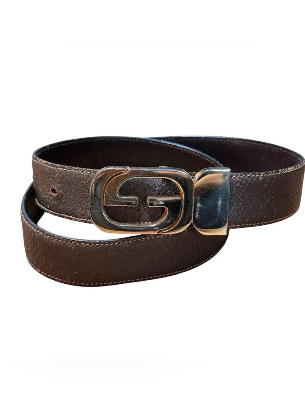 GUCCI Belt GG Logo Buckle VTG Brown Leather Gold Hardware 25”-29” Reversible